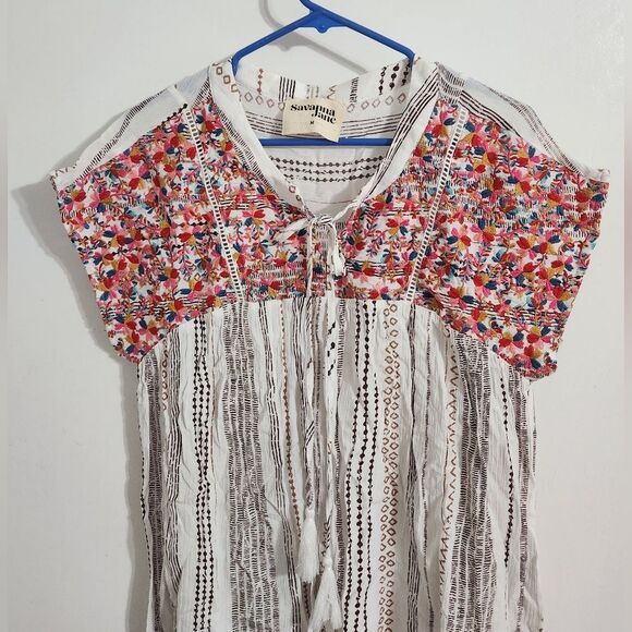 Savanna Jane Floral Embroidered Top Boho Womens  Tasseled Cap Sleeve White sz M - Picture 9 of 10